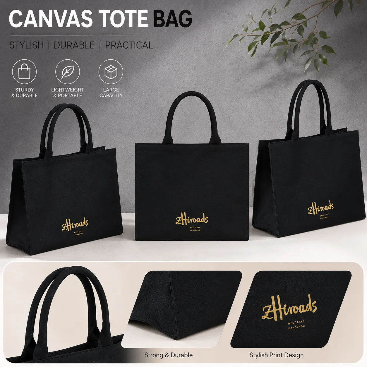 Eco-Friendly Durable Canvas Cotton Tote Shoulder Bag with Letter Print Multi-Size Daily Handbag for Commute And Shopping