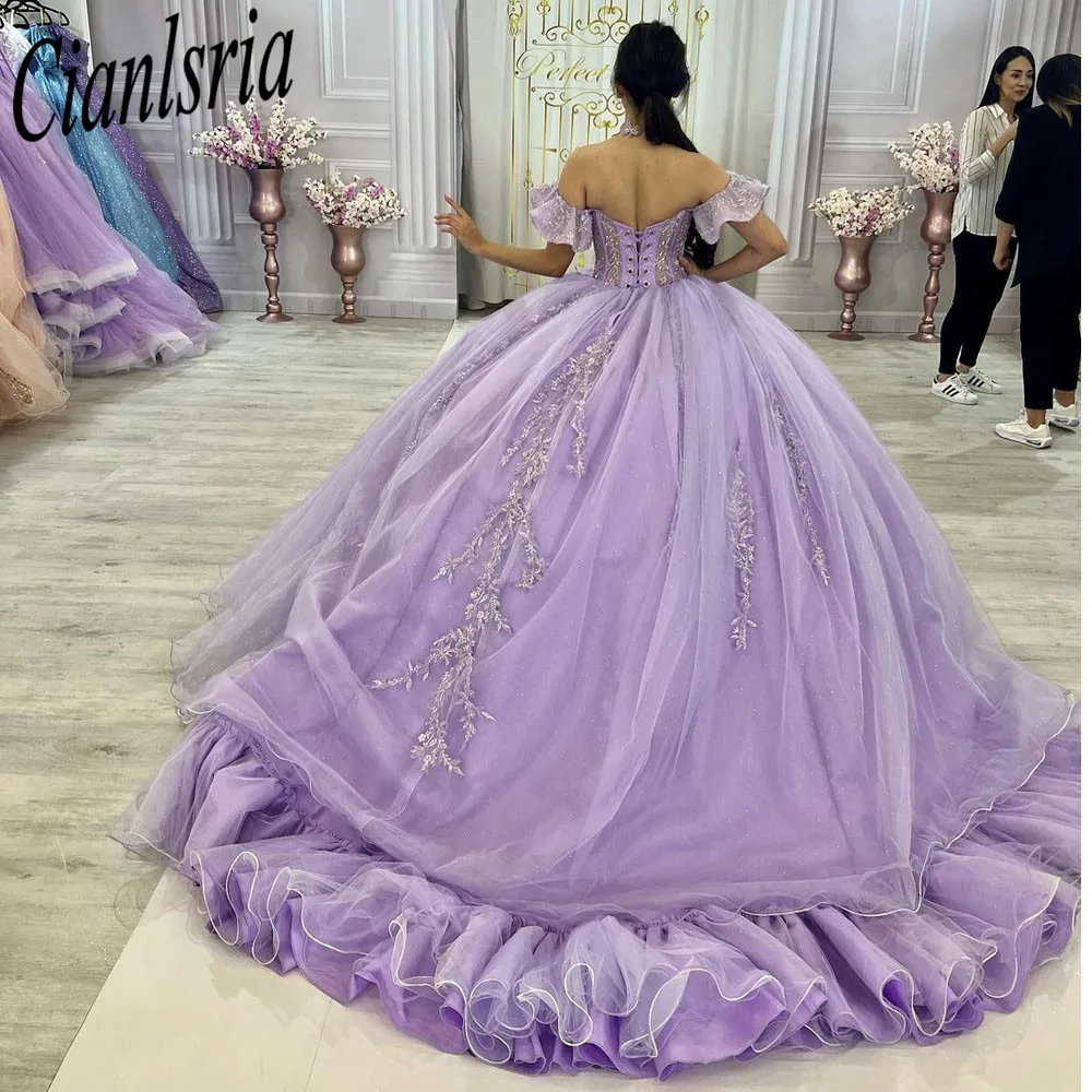 Lilac quinceanera vestidos de baile inchado tule rendas apliques miçangas 2022 novo doce 16 vestidos festa baile vestidos