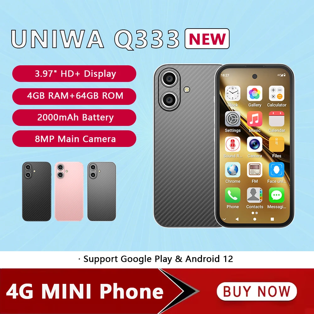 

UNIWA Q333 Мини-смартфон 4 ГБ ОЗУ 64 ГБ ПЗУ 4G Сеть Полнодиапазонный 2000 мАч Мобильные телефоны Google Play Store Face ID Маленький телефон