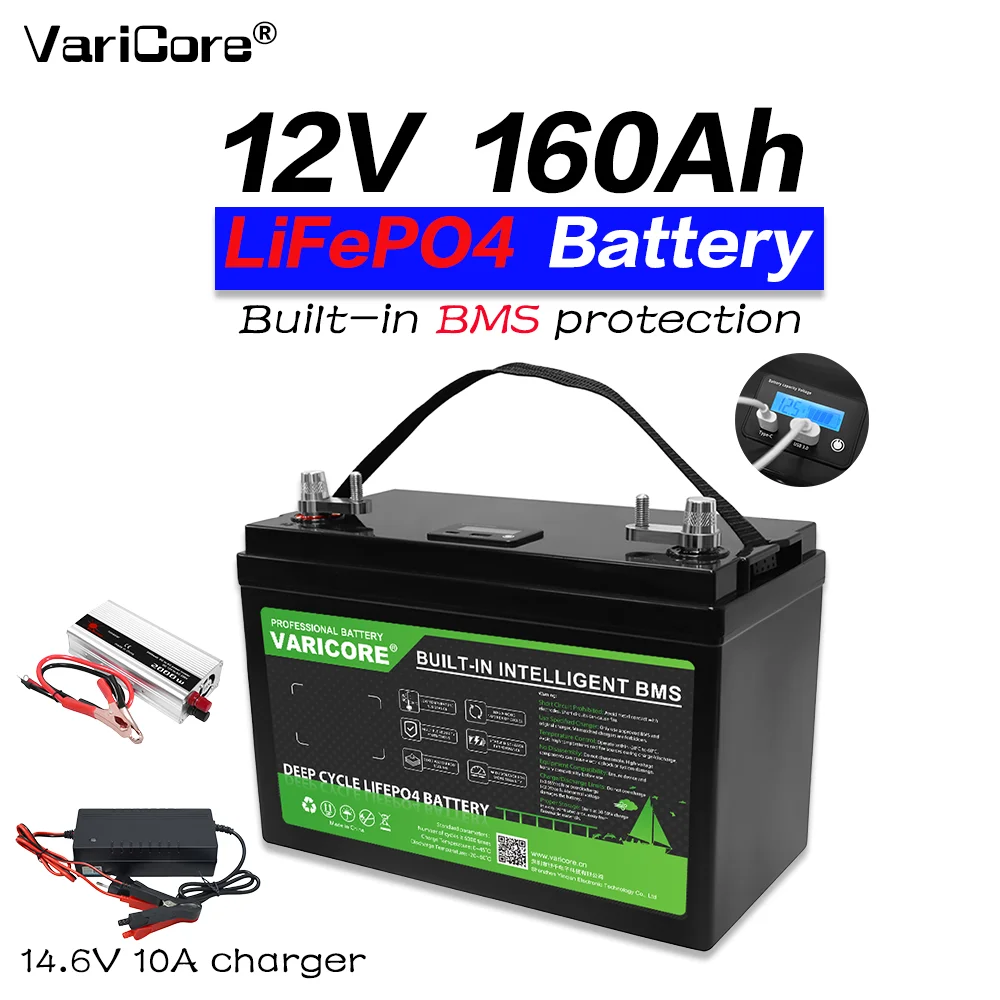 Batterie LiFePO4 12V 160Ah à décharge profonde avec BMS intégré pour camping-car, bateau solaire, camping, alimentation de secours domestique