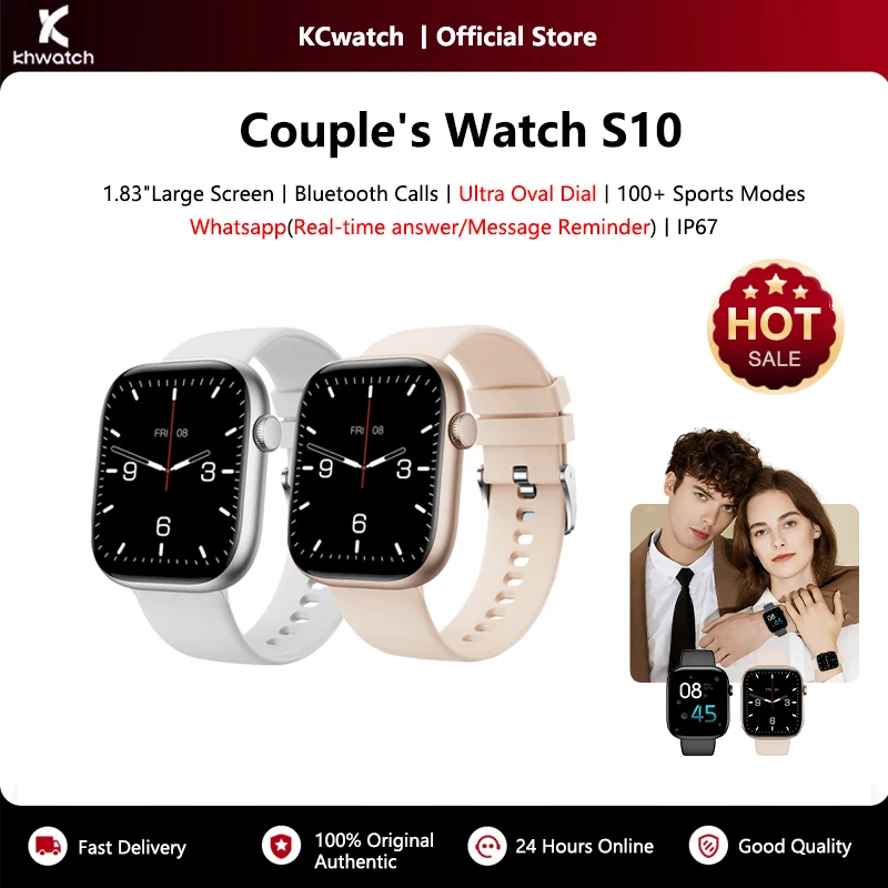 KHwatch 2 قطعة ساعات الزوجين ساعات رجالي 1.83IPS شاشة بدون حدود 9.1 مللي متر رقيقة جدا 5.3BT WhatsApp دعوة IP68 ساعات نسائية S10