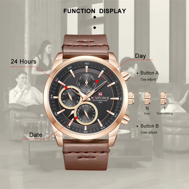 Mens Watches NAVIFORCE Military Sport Original Leather Quartz Clock Waterproof with 3 Small Dials Wristwatches Relogio Masculino