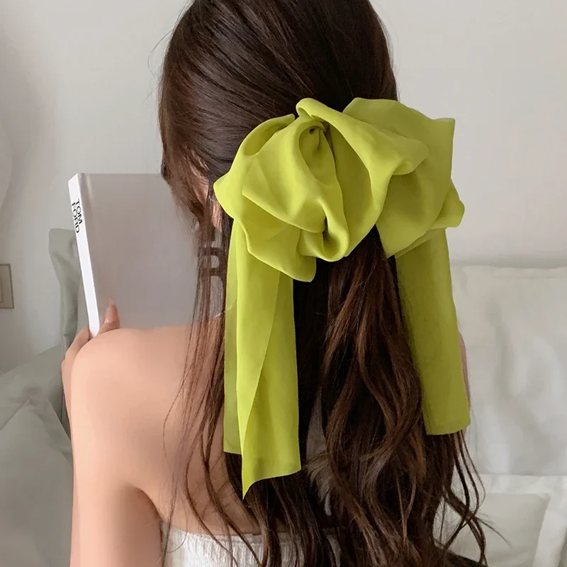 Szyfonowa wielowarstwowa duża spinka do włosów z kokardką dla kobiet Streamer wróżka tylna głowa kucyk klips sprężynowy francuski leniwy nakrycie głowy — zdjęcie 2