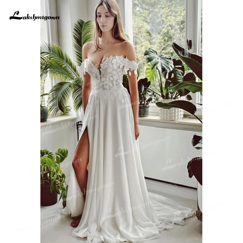 Boho Sexy Split Sweetheart Collar Off The Shoulder Lace Top Chiffon A Line Wedding Dress For Women Bridal Gowns Sweep vestidos