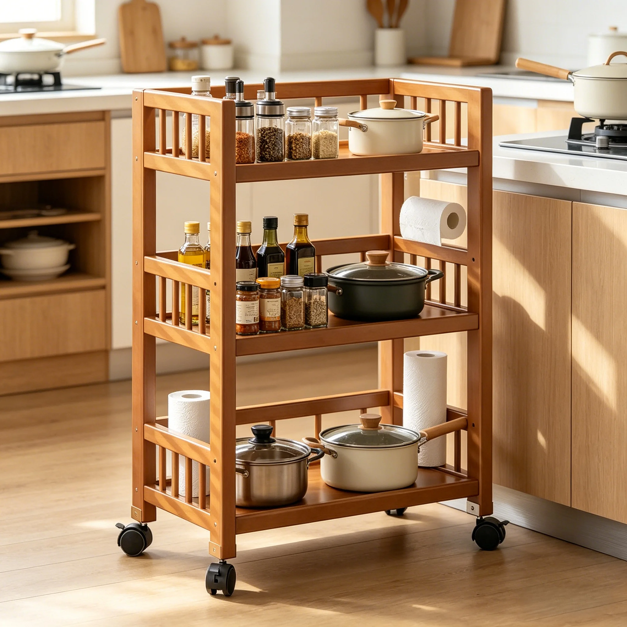 Chariot de rangement à roulettes fin à 3 niveaux – Roues verrouillables, bambou, étagère polyvalente pour cuisine, salle de bain, salon