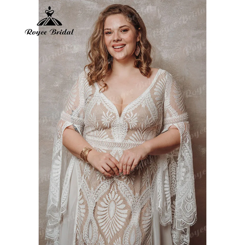 Vestido de novia de manga larga para mujer, traje bohemio de encaje con cuello en V, talla grande, 2024