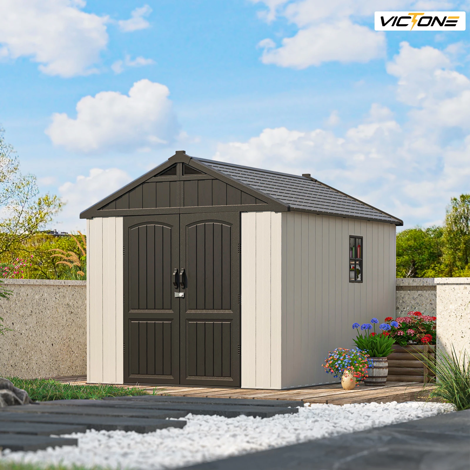 Victone 8' X 10' Plastic Outdoor Storage Shed with Floor, Resin shed With Window And Lockable Door For Garden, Backyard, Beige