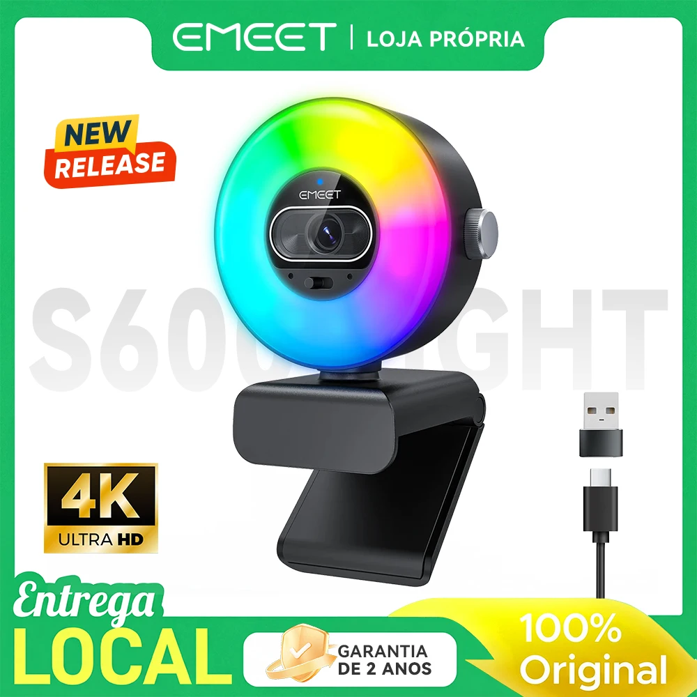 EMEET S600L Webcam 4K para Streaming com Luz de Anel, 4 Modos de Iluminação, Efeito Arco-Íris, Sensor de 1/2", Imagem com IA, PDAF de 0.2S, 2