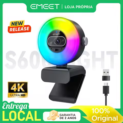 EMEET S600L Webcam 4K para Streaming com Luz de Anel, 4 Modos de Iluminação, Efeito Arco-Íris, Sensor de 1/2", Imagem com IA, PDAF de 0.2S, 2 Microfones, Controle por Botão Giratório