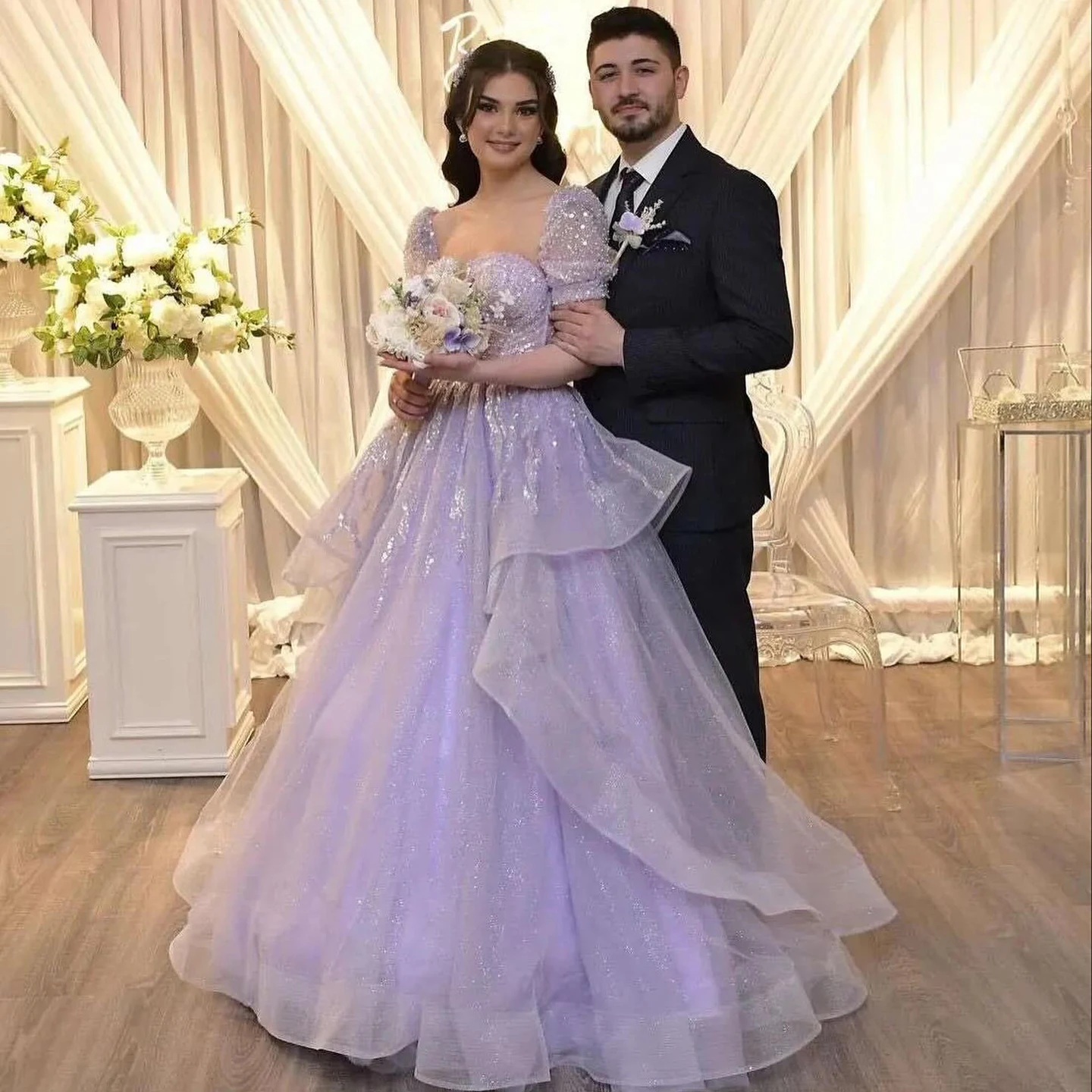 

Sharon Said Luxury Lilac Pleated Evening Dress with Puff Sleeves Ruffles for Women Wedding Party Prom Gowns SS452 Customized