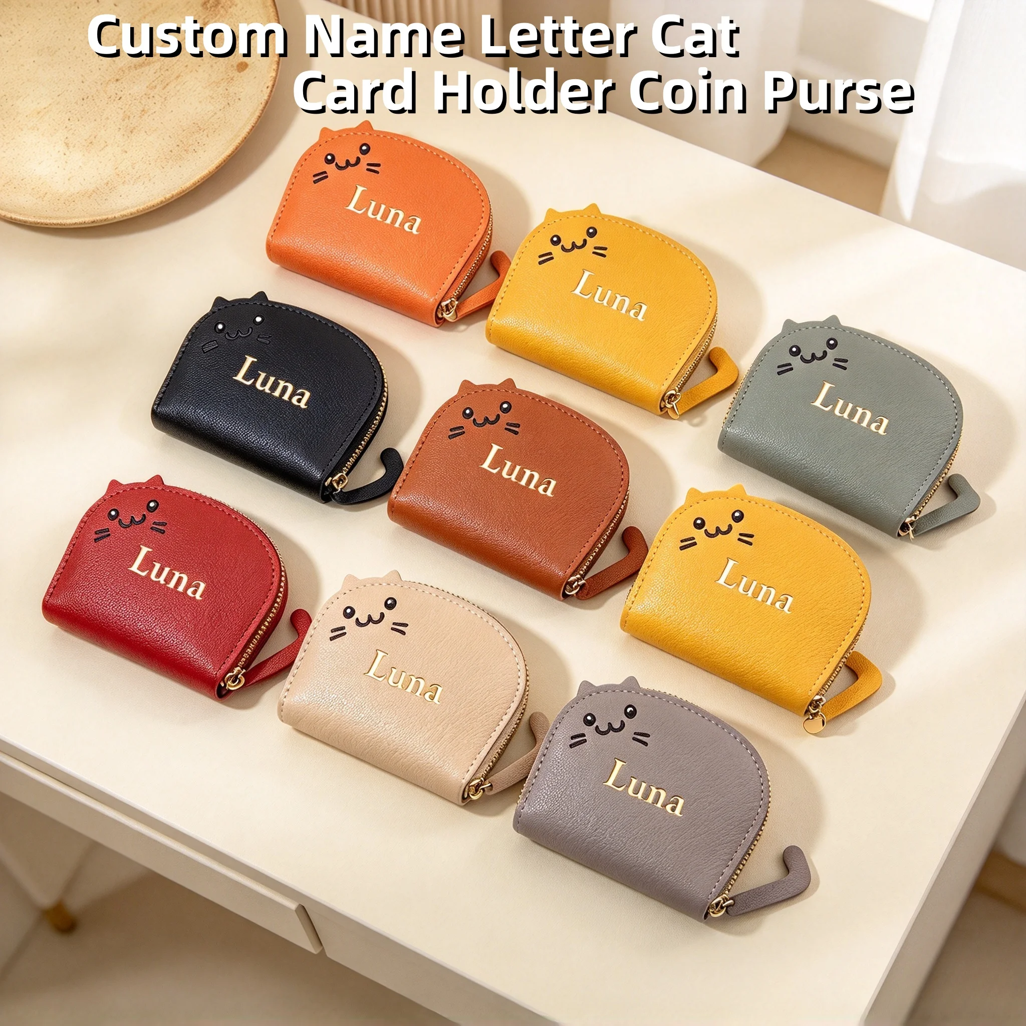 Cute Cat Fashion Genuine Leather Card Holder Custom Name Cowhide Zip Coin Purse Customized Gift Girls Short Wallet