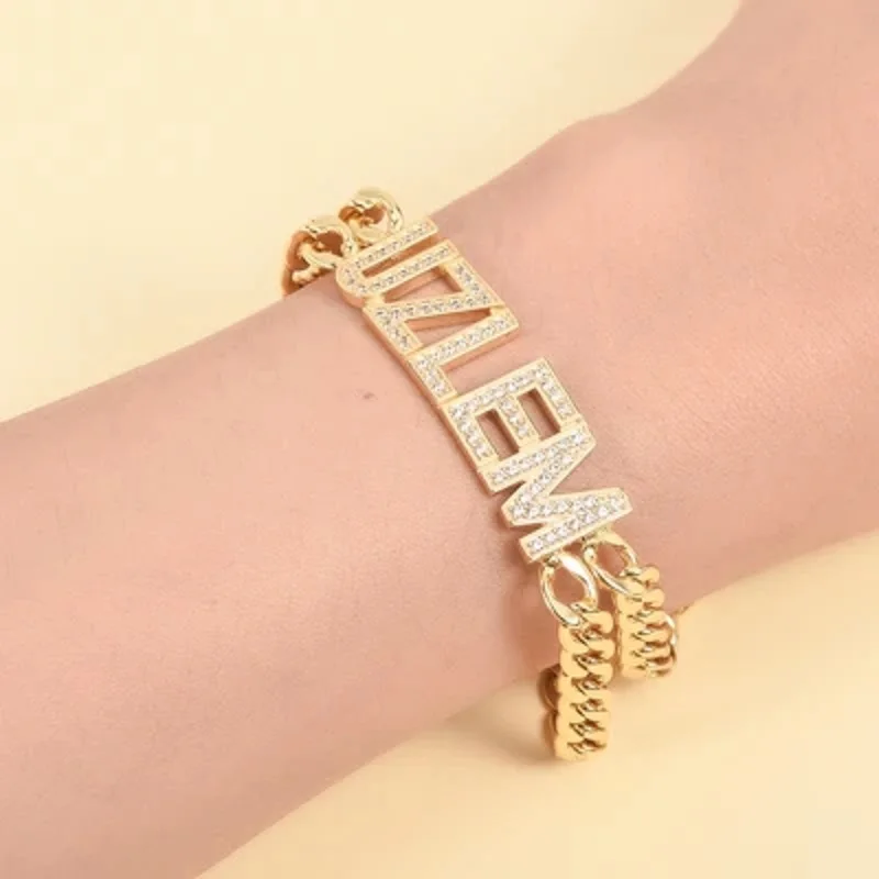 Custom Name Bracelet With Rhinestones Double Chain Gold Plated Chocker Personalized Crystal Letter Bangles Jewelry For Women