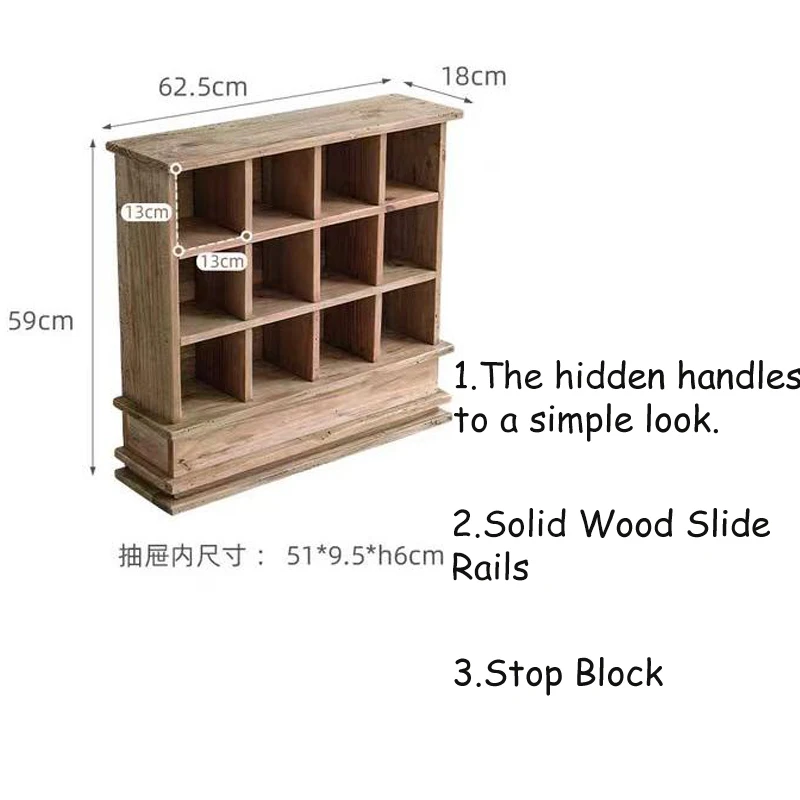 Traditional Pine Wood Cubby Unit with Bottom Drawer Vintage Grid Shelf for Cup Storage Display Stand Home Office Decoration