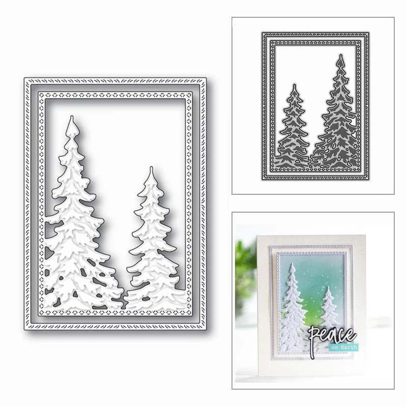 Layered Forest Trees Pattern Background Metal Cutting Dies for 2022 New Scrapbooking Square Frame Stencils Greeting Card Making