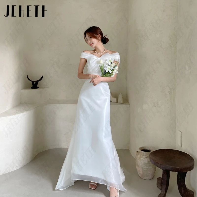 JEHETH Boat Neck Wedding Dresses Women Organza Pleat Bridal Gowns A-Line Backless 웨딩드레스 Photography Vintage Sleeveless High/Low