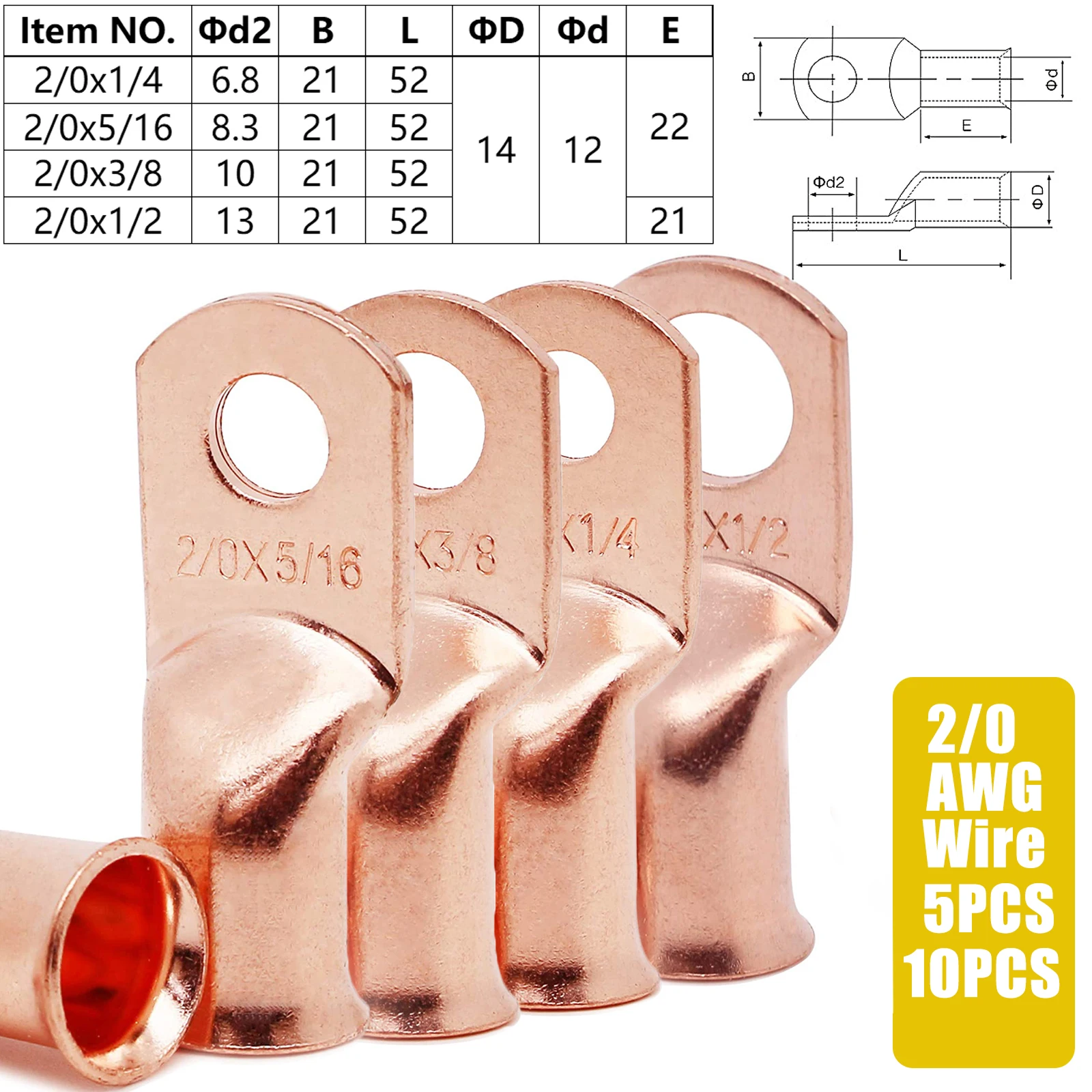 GIE.TOP 5/10PCS Gauge Battery Cable Copper Tubular Ring Terminals Crimp Wire Heavy Duty R Lugs 2/0 AWG 1/4