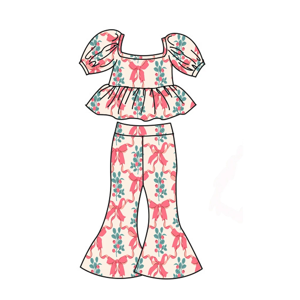 Boutique Children's Set Girls' series Strawberry bow print short-sleeved elastic long pants girls' set children's clothing