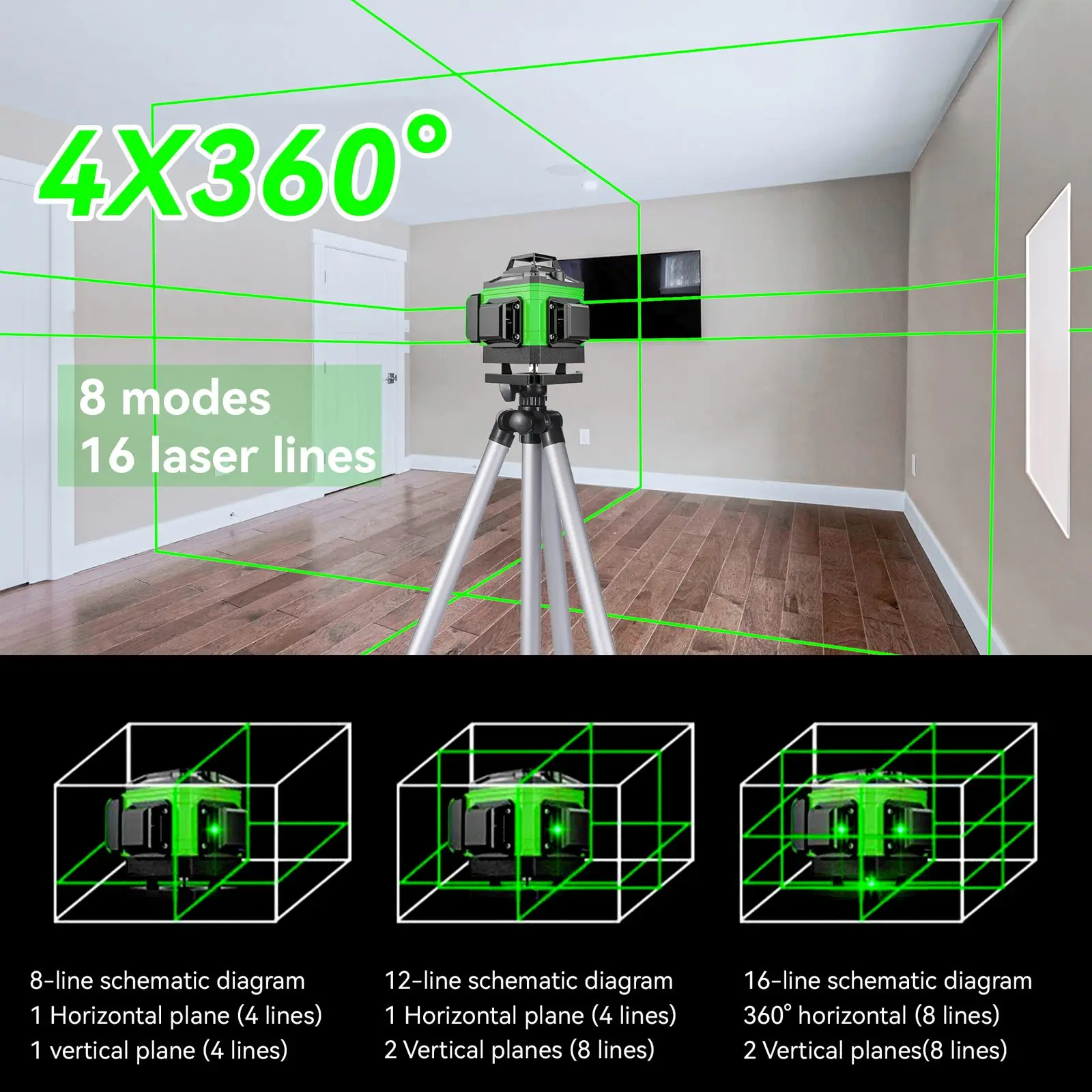 16-Linien 4D-Lasernivelliergerät mit grüner Linie, Stativ und Selbstnivellierung 360° ° Horizontaler & Vertikaler Laser-Nivellierer Professionelle Bauwerkzeuge Mit 2 Stück Batterien – Detail 1