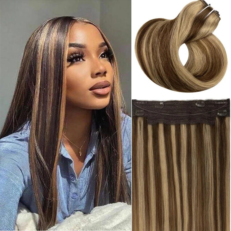 P4/27 Straight Fish Line Hair Extensions 4 Clips In Hairpiece Highlight Natural Hair Extensions Bundles Real Human Hair