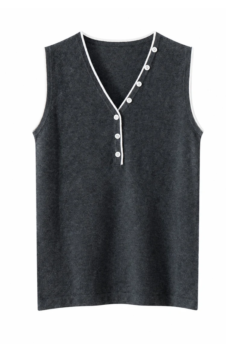 ML62129 Damen Vintage V-Ausschnitt Ärmellose Strickweste mit Kontrastbesatz und Knopfleiste aus Modal-Mischgewebe, Sommerliches Casual-Oberteil – Detail 9