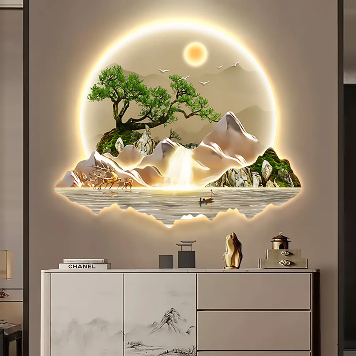 Mountain Wall Art LED Lighted Landscape Neon Sign Wall Decor Pine Tree Waterfall Scenery Wall Hanging Decor for Living Room Home