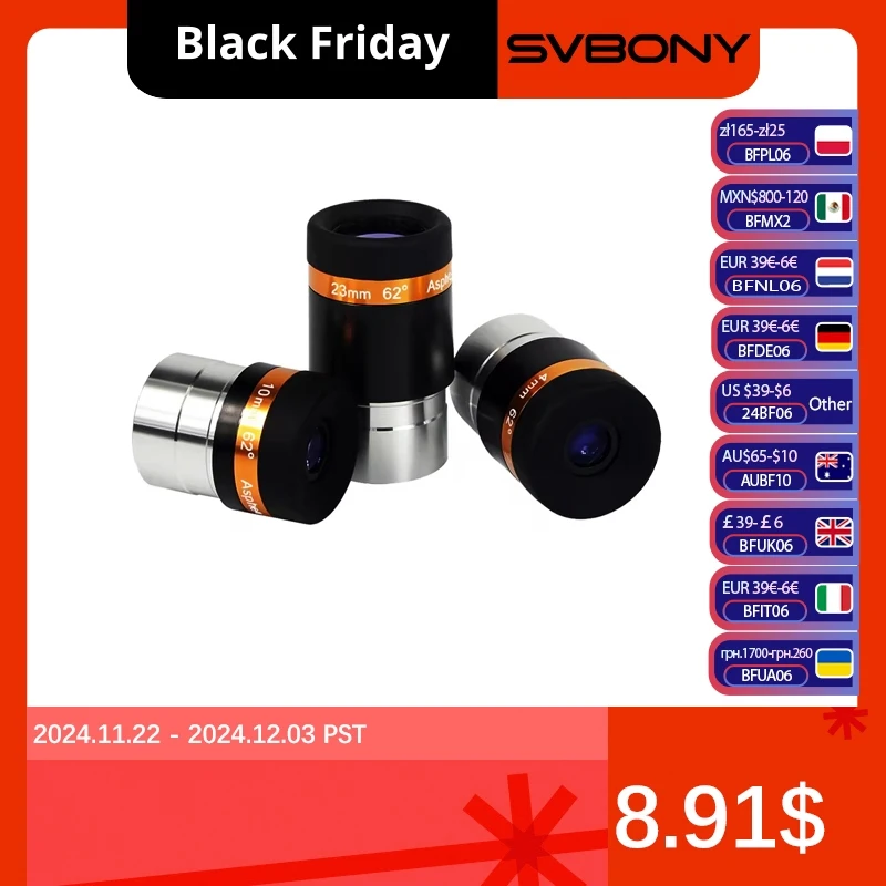 

SVBONY Eyepieces 4/10/23mm Telescope Lens Wide Angle 62 Deg Aspheric Eyepiece HD Fully Coated Telescope Accessory for 1.25 inch