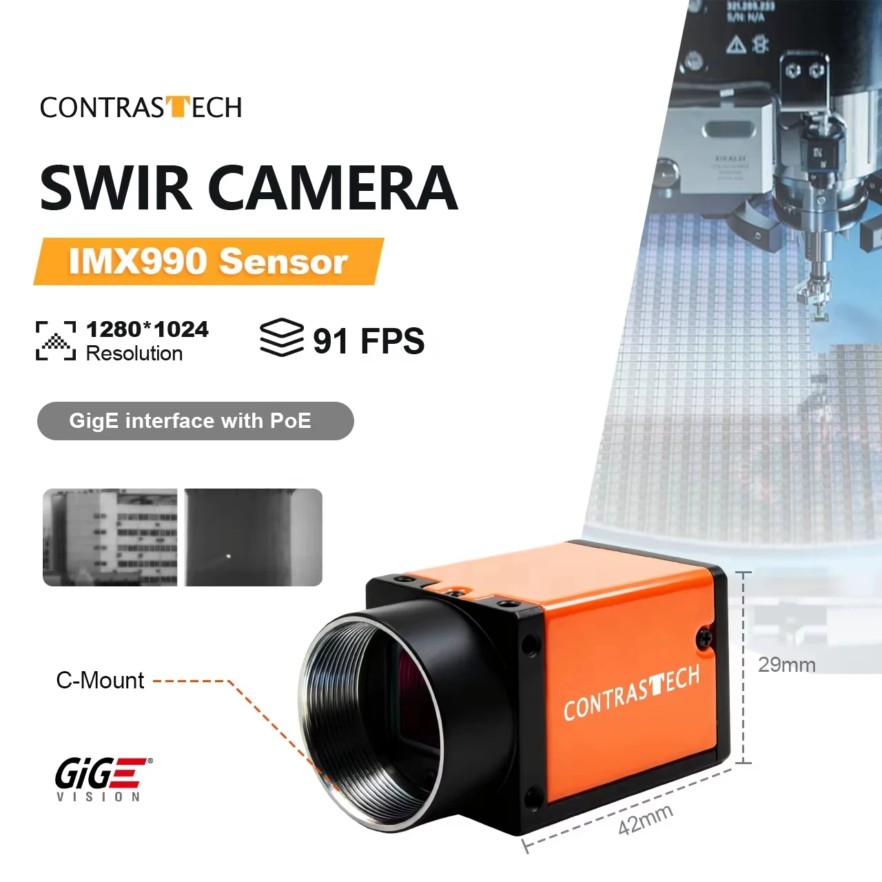 IMX990 1.3MP SWIR Industrial Camera 91fps Global Shutter Short-Wave Infrared Machine Vision Camera for Fruit Spoilage Detection