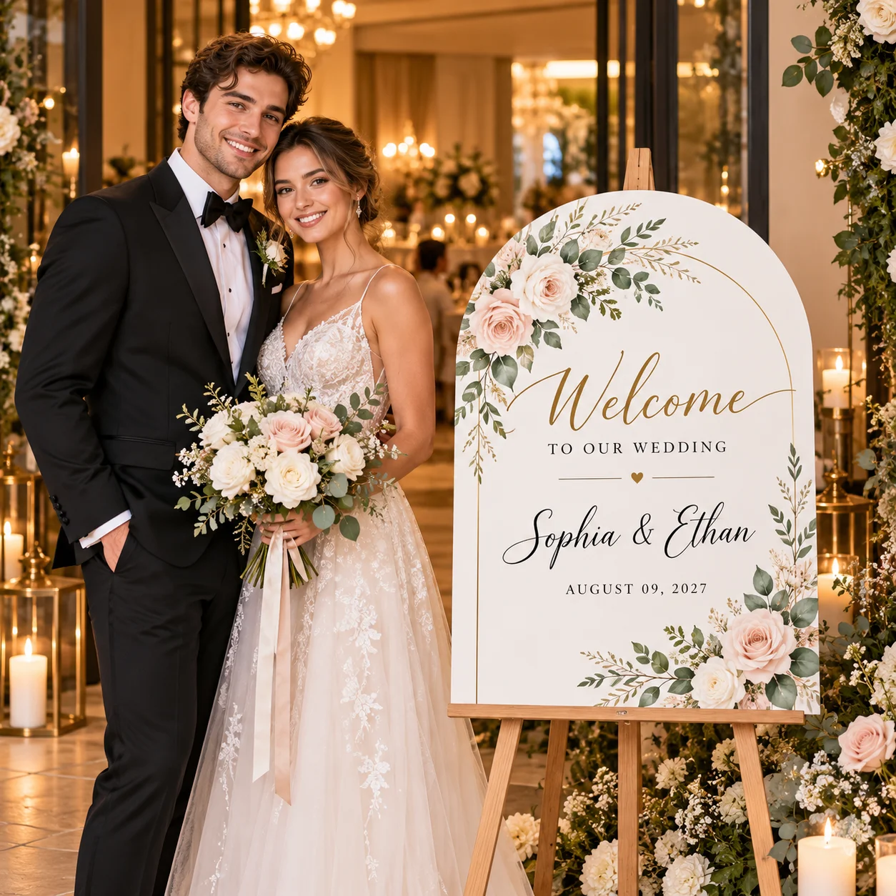Customizable semi-circular arched welcome sign—personalize it with photos, names, and dates, or add your own custom text. Perfec