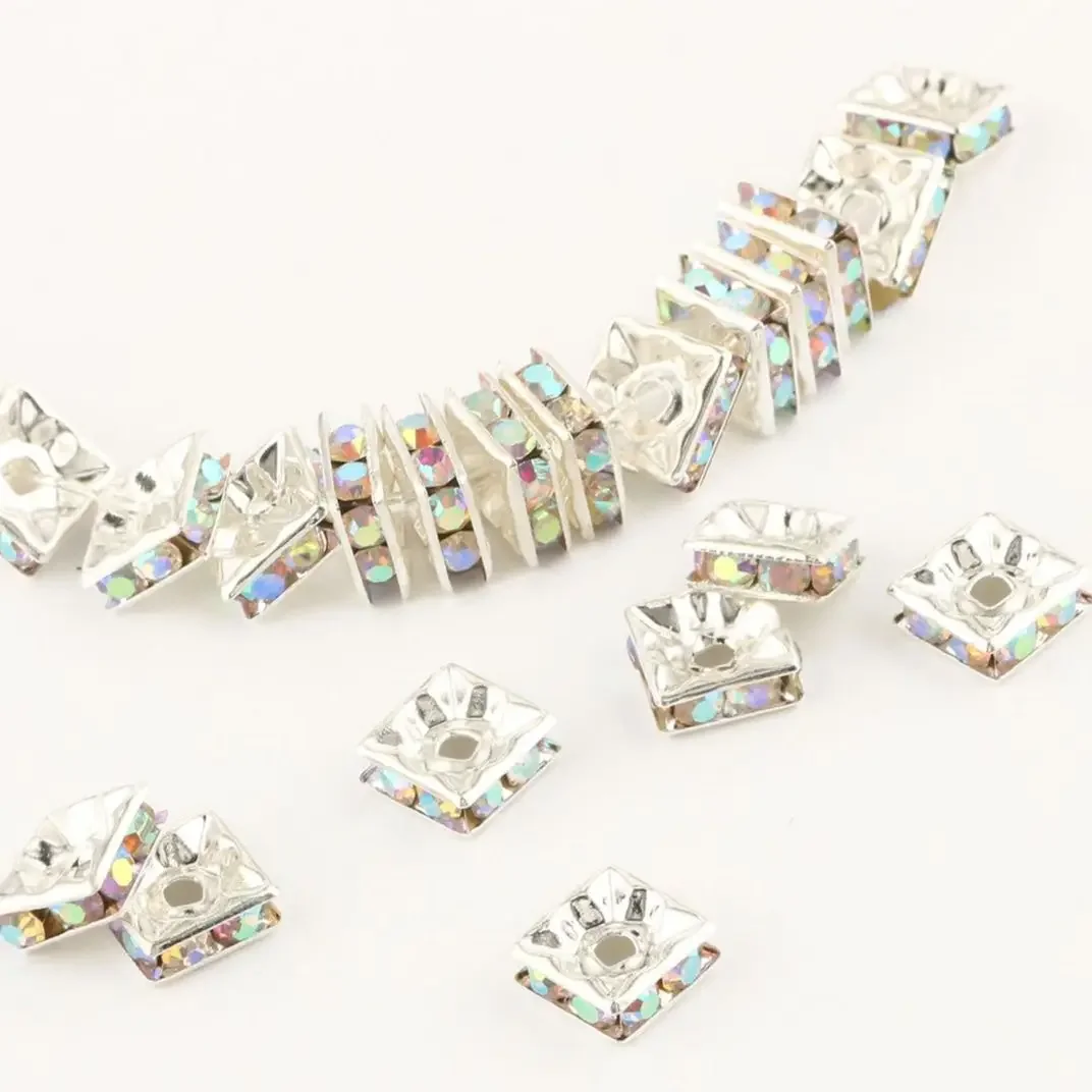 50/100 sztuk 6mm 8mm AB kolor srebrny kwadrat Rhinestone Rondelles kryształowe koraliki dystansowe do tworzenia biżuterii DIY bransoletka naszyjnik — zdjęcie 2