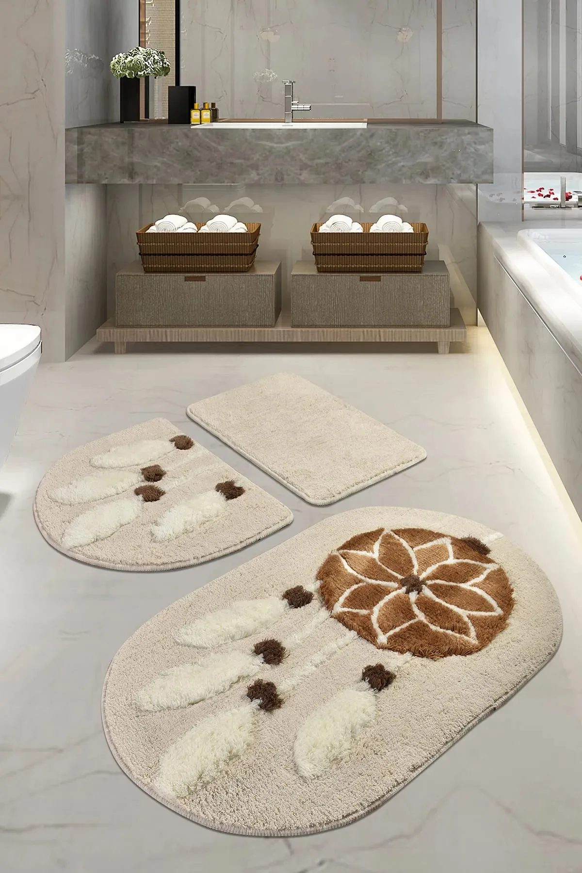 Dream 3 Set Bathroom Carpet Washable Non-Slip Base. It is 100% acrylic. Antibacterial.