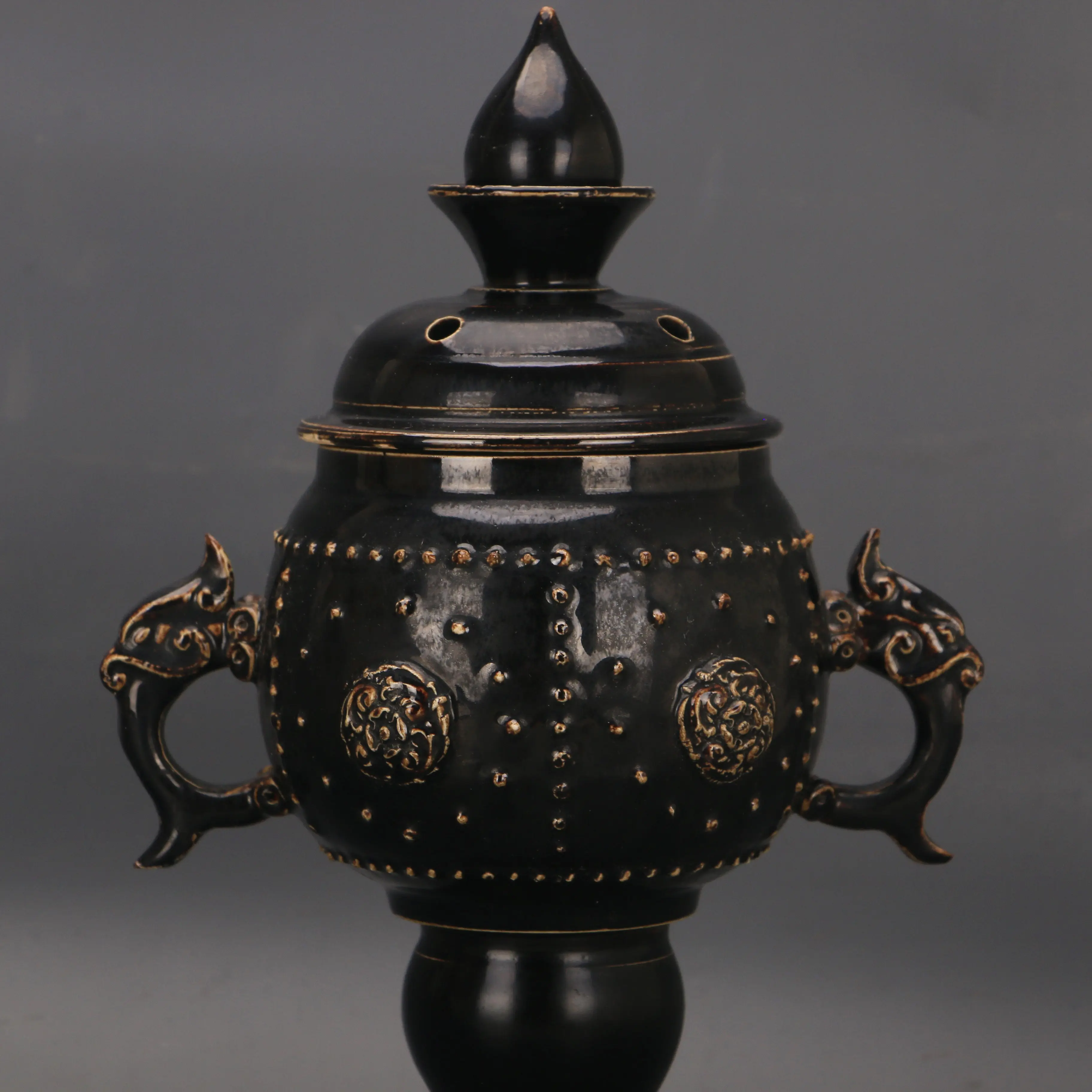 Song Dynasty Ding Ware Black Glaze Studded Double Handled Dragon Zun Incense Burner Vintage Home Decor Collectible