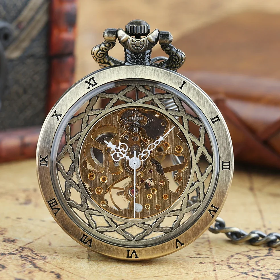 Styl Steampunk szkło przezroczyste ręcznie nakręcany zegarek kieszonkowy na łańcuszku mechaniczne z wycięciami mężczyźni oglądają prezenty z zegarem — zdjęcie 2