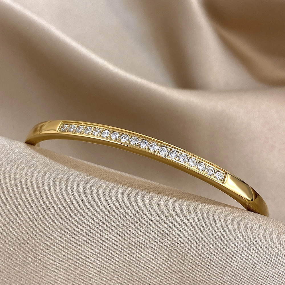 Luxury Shiny Zircon Thin Open Stainless Steel Bangles for Women Waterproof Spring Bangle Cuff Bracelet Hand Jewelry Accessories