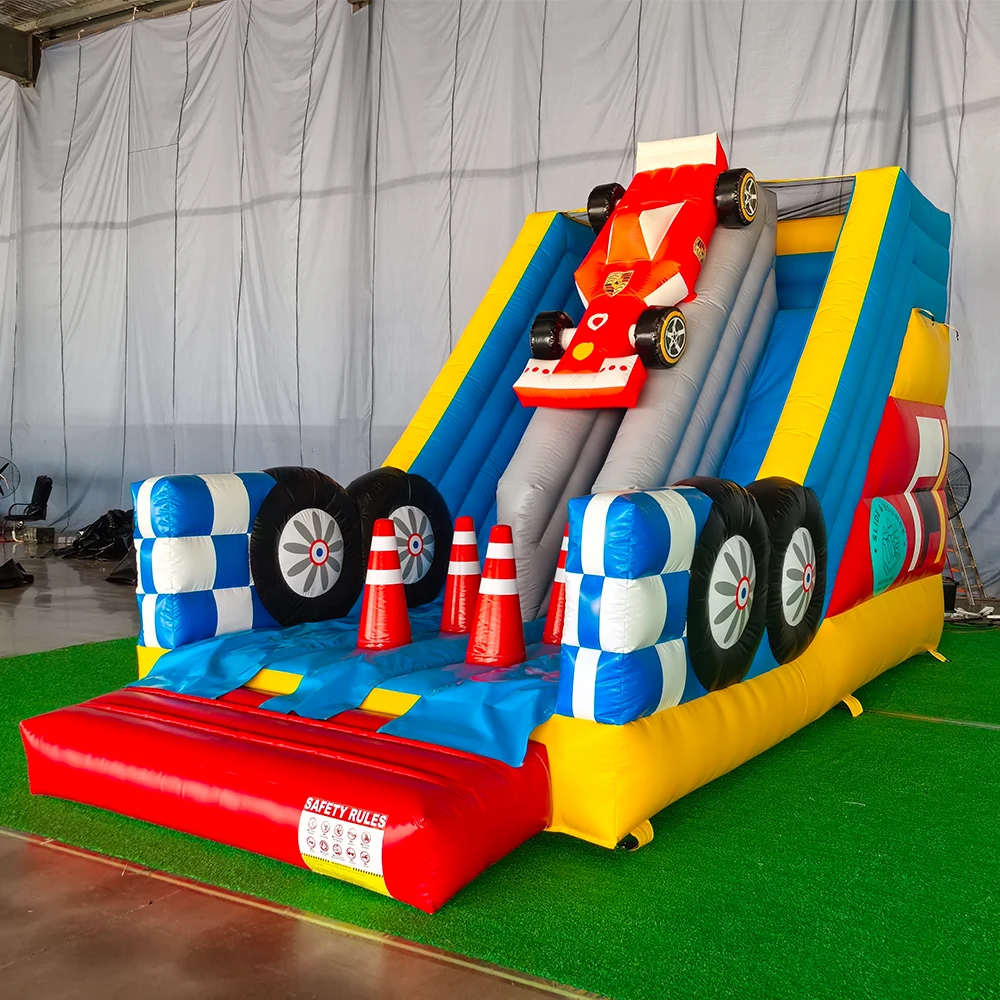Double-Lane Car Theme PVC Grade Inflatable Bouncer Water Slide With Blower Jummping Bounce Slide For Outdoor Kids Entertainment