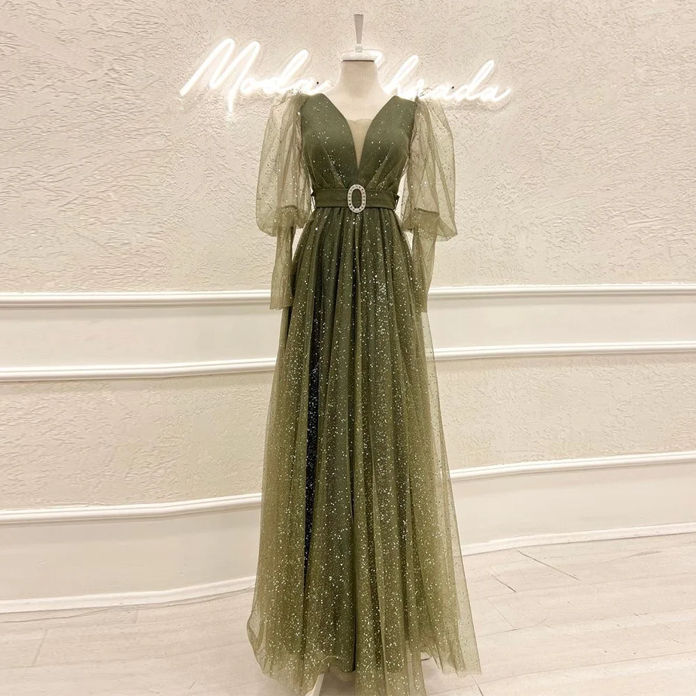 

15839# Elegant Long Sleeves Sequined Tulle Pleated A-line Evening Dresses For Women Wedding Formal Party Gown With Belt
