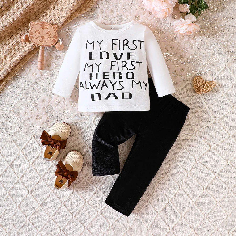 

Infants Graphic Long Sleeved Top with Black Velvet Pants Unisex Baby Boys Girls Outfit Set