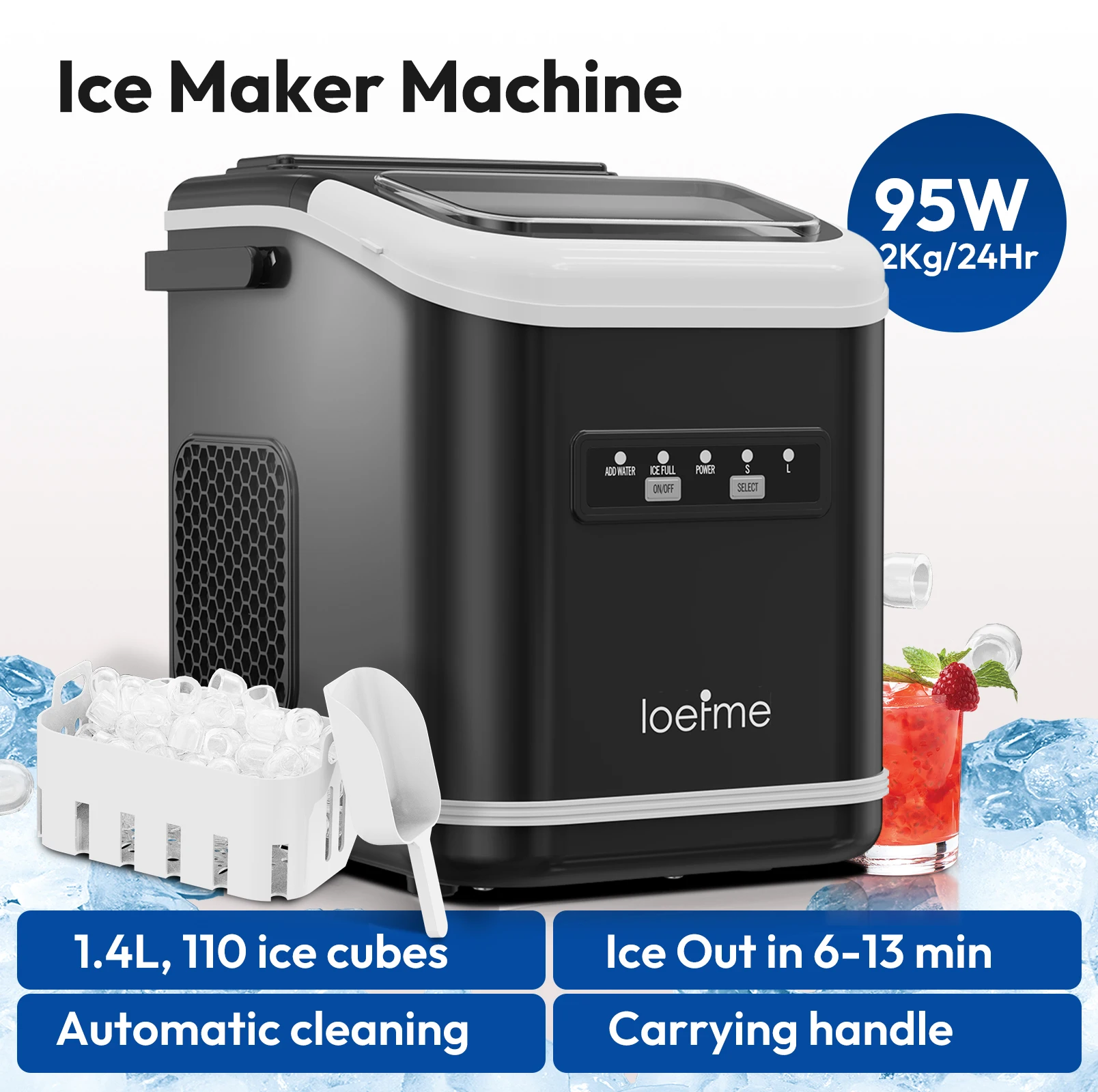 LOEFME IJsblokjesmachine 15kg/24u 16 IJsblokjes in 6-20 Min Digitaal Display Timer 1,5L Waterreservoir met Instelbare Ijsdikte