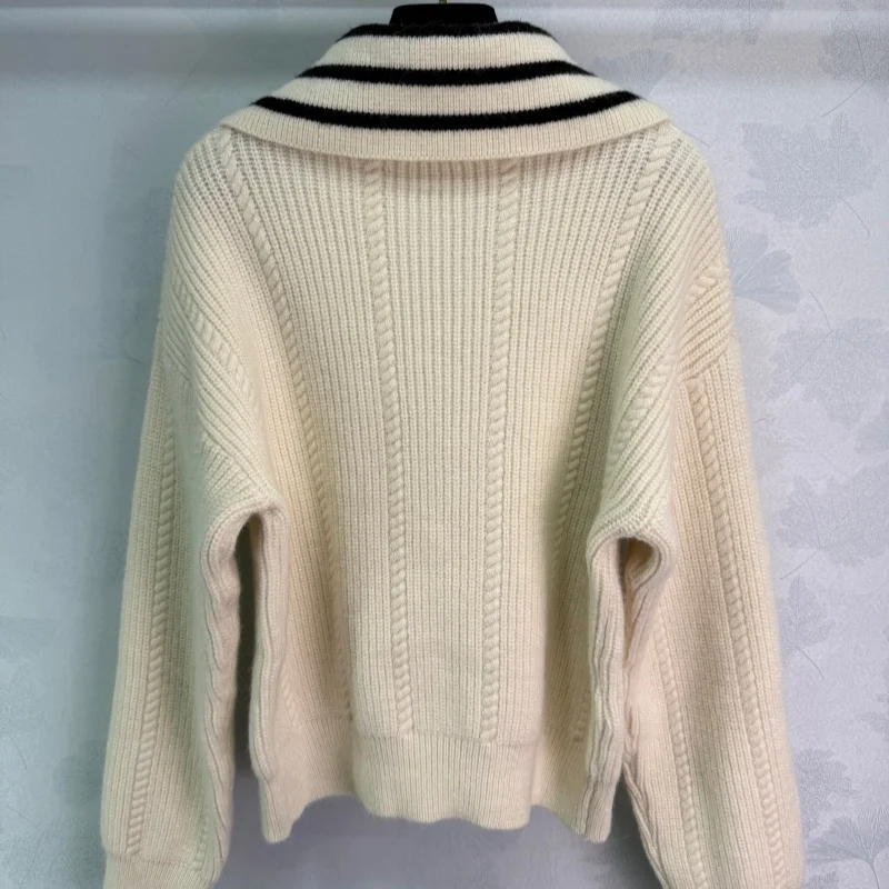 Jersey de punto con cuello azul marino para mujer de otoño e invierno de alta calidad HL078