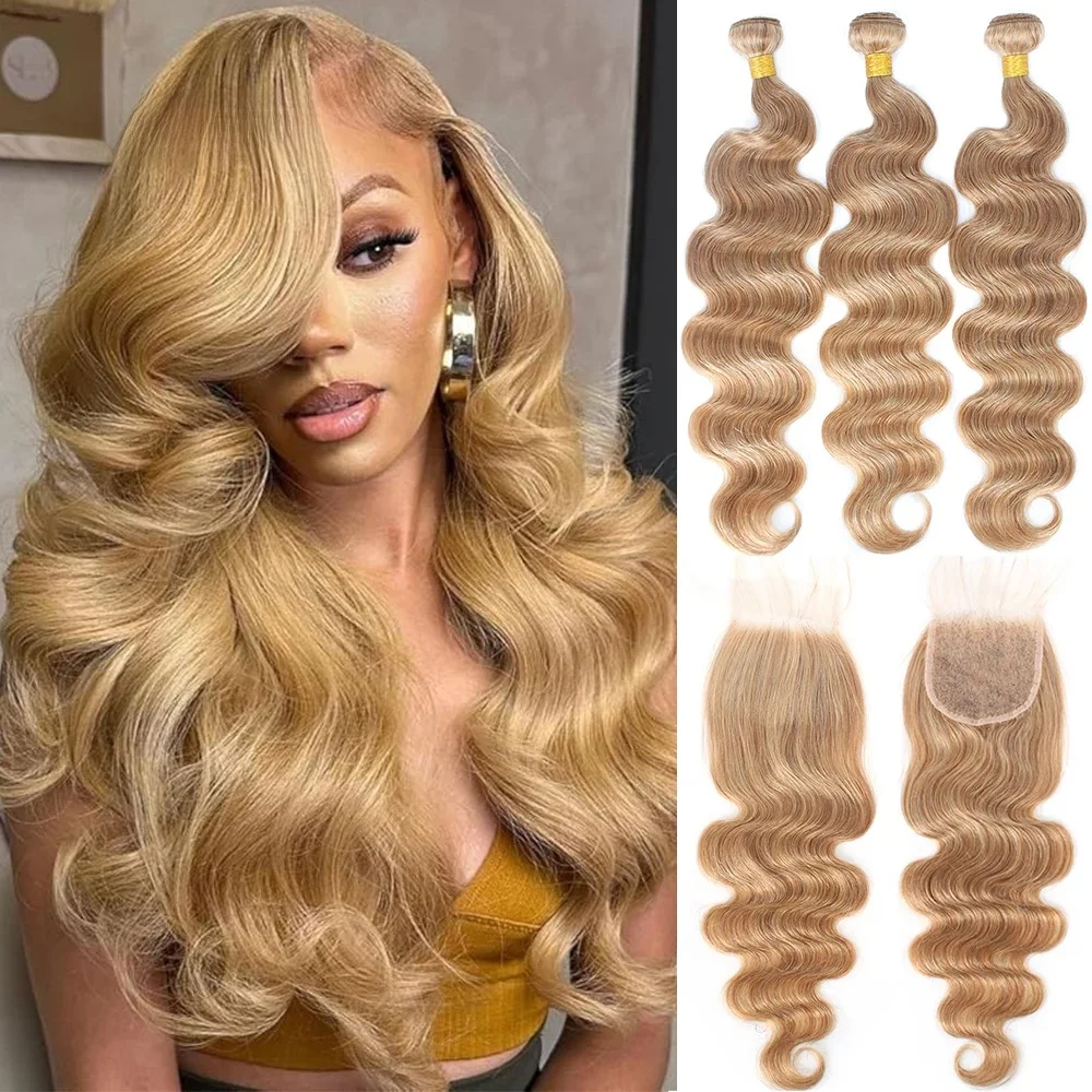 # 27 Honingblond Menselijk haarbundels met sluiting Body Wave-bundels Haar met 4x4 sluiting Braziliaans haarweefselbundels Haar Remy - afbeelding 2
