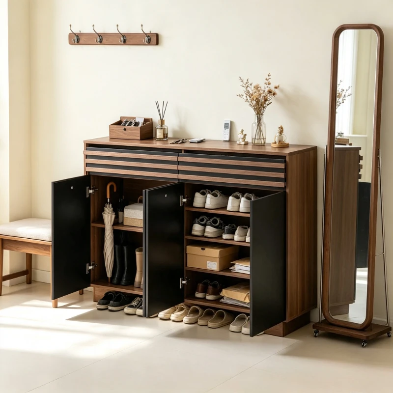Buffet moderne de 59 pouces, effet bois brun avec portes cannelées noir mat, 2 tiroirs à fermeture douce et 4 armoires, console C étroite de 15,7 pouces de profondeur pour salle à manger, cuisine et salon