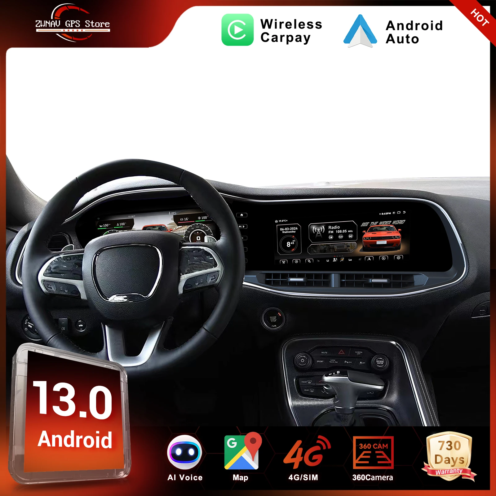 

ZWNAV двойной экран для Dodge Challenger Hellcar SRT 2010-2023 автоматический спидометр Android радио GPS-навигация