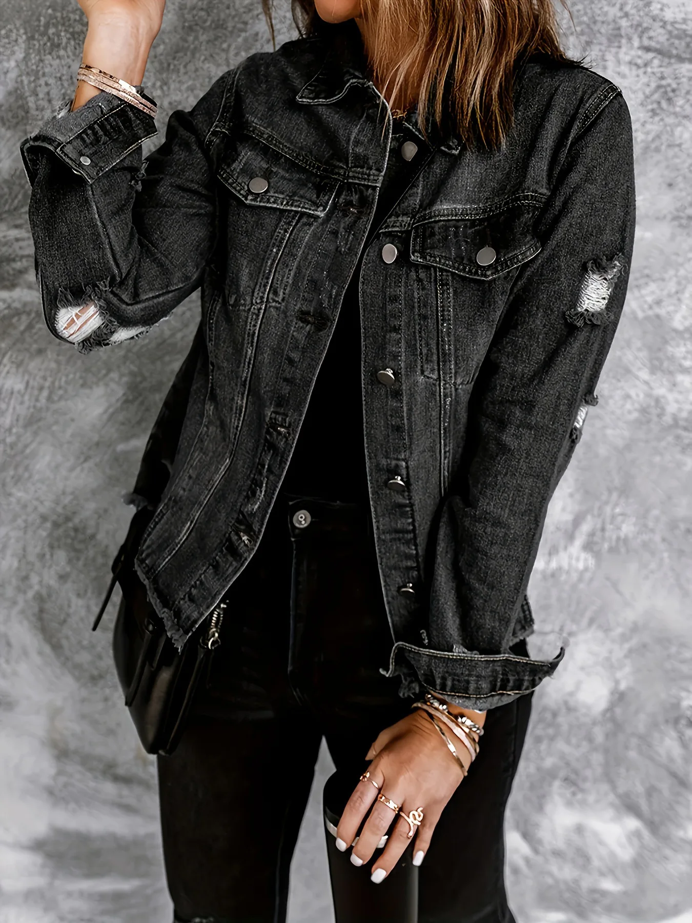 2023 Winter New Women\'s Black Ripped Denim Jacket Fashion Long Sleeve Slim Raw Edge Jeans Coat Casual Women\'s Clothing XS-L