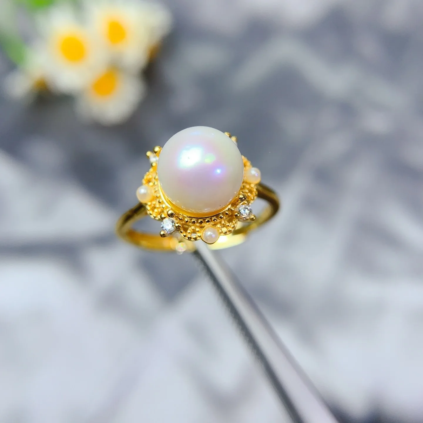 

Jewelry Girls' Natural Pearl Ring 925 Pure Silver Plated Gold Christmas Gift for Girlfriend Wedding Birthday Party Gift New Year