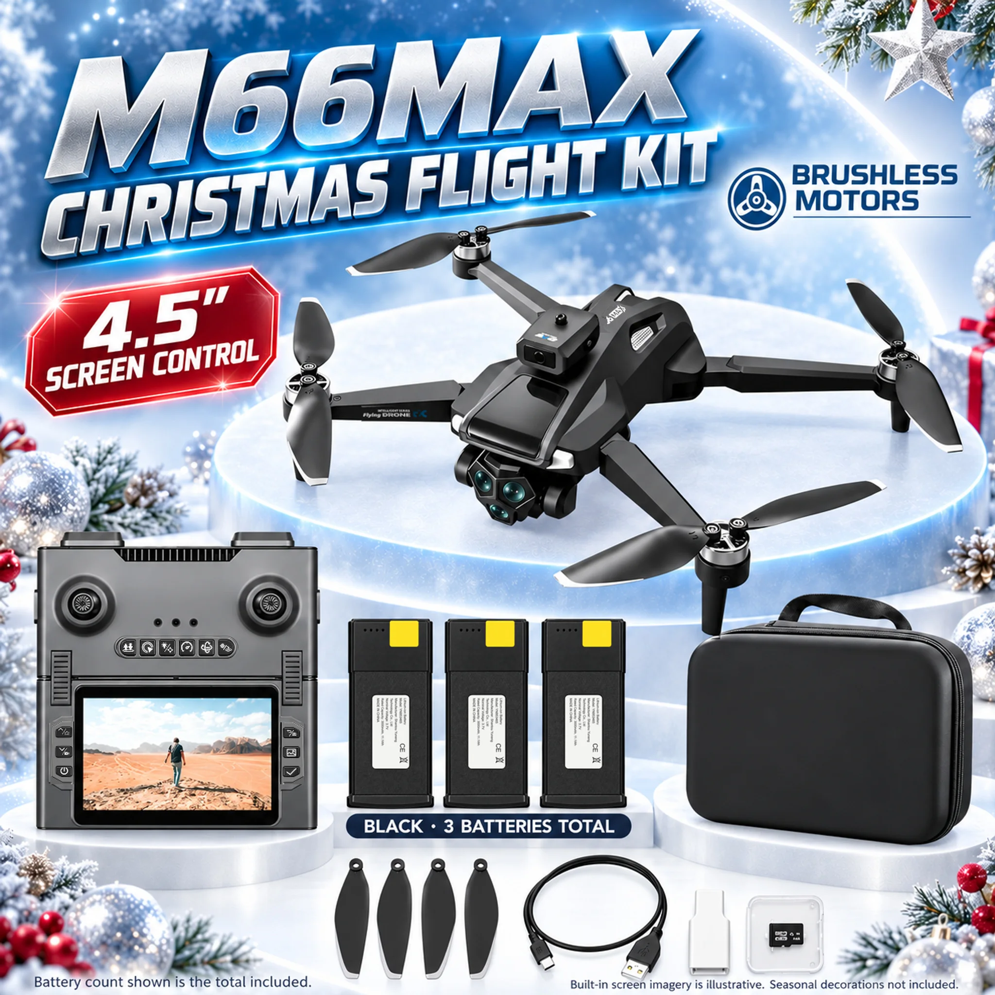 M66MAX Foldable Brushless Drone with Screen Remote,  4k Dual Camera, 360° Avoidance, Optical Flow, Trajectory Mode, 1/2/3 Batt