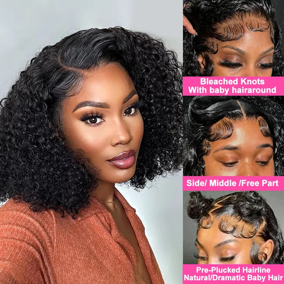 200 Density Curly Wig Deep Wave Lace Frontal Bob Wig Human Hair Wig 13x4 Transparent Lace Front Wig Pre Plucked For Women 12inch image 3