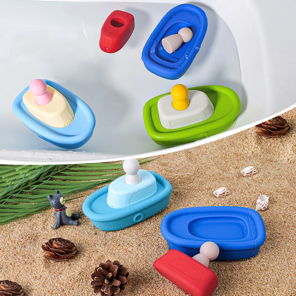 Baby Bath Toys BPA Free Water Play Cute Boat Mold Infant Silicone Beach Toy Cartoon Boat Bathing Toy for Toddler