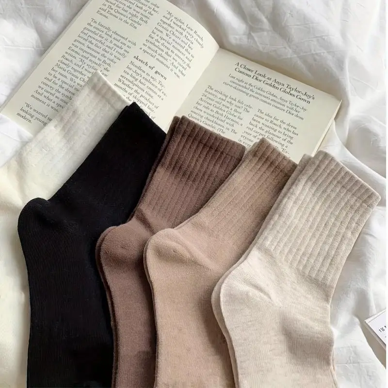 مجموعة 5 أزواج من الجوارب ذات الأساور المدرفلة متعددة الألوان - محبوكة مضلعة وناعمة ومرنة، أسود/بني/بيج/أبيض ملابس مريحة يومية #1