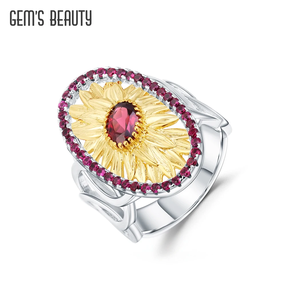 

GEM'S BEAUTY Van Gogh Sunflower Ring 925 Sterling Silver Rhodolite Garnet Gemstone Handmade Cocktail Ring Fine Jewelry Woman