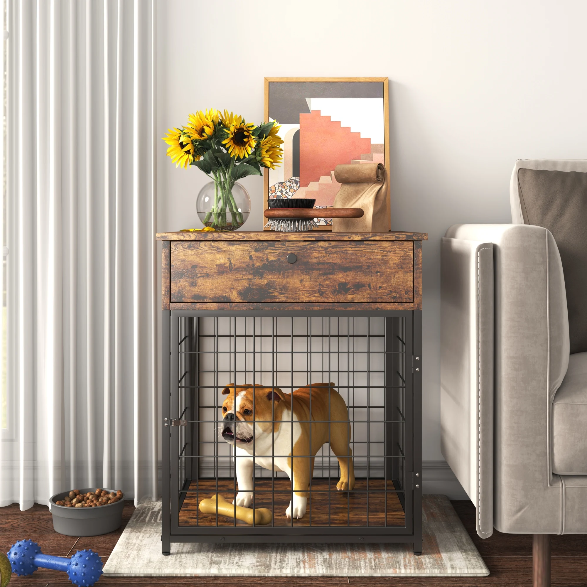 [Flash Sale]Dog Crates for Small Dogs Wooden Dog Kennel Dog Crate Rustic Brown&Grey End Table Nightstand[US-Stock]