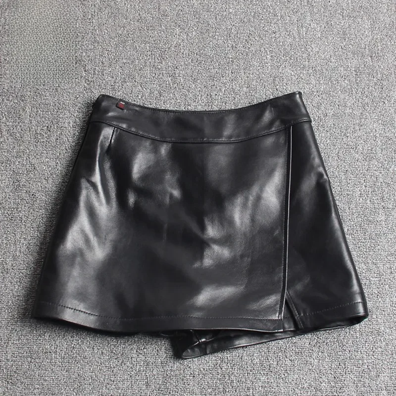 Modne damskie asymetryczne krótkie spódniczki najwyższej jakości kożuchy prawdziwe skórzane szorty casualowe w stylu streetwear damskie Slim Fit krótkie spódniczki — zdjęcie 2